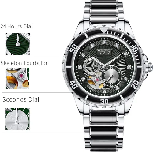 Vista 3 de Diella Men's Automatic Mechanical Wrist Watches, Luxury Skeleton Watches for Men with Black Green Jade & Steel Strap