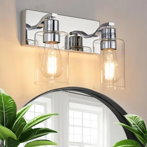 Vista 9 de 2 Luces de Iluminación para Baño, Accesorios de Iluminación de Tocador en Bronce Cepillado con Soporte de Vidrio Transparente de 33cm, Lámparas
