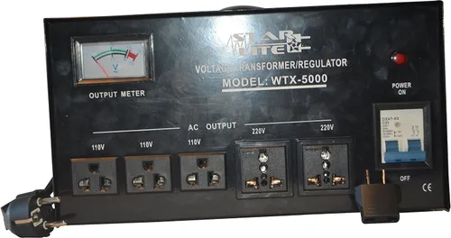 Vista 2 de Starlite Transformador convertidor de voltaje elevador y descendente de 5000 vatios WTX-5000, protección de fusibles y regulador automático