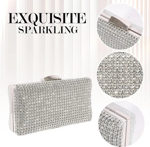 Vista 4 de Bolso de mano de cristal plateado para mujer, bolso de noche con purpurina para boda, cena, fiesta, baile de graduación, cóctel