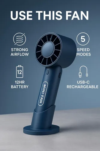 Vista 6 de Mini ventilador de mano – Ventilador portátil recargable por USB, 5 velocidades, silencioso y potente ventilador personal para viajes, escritorio