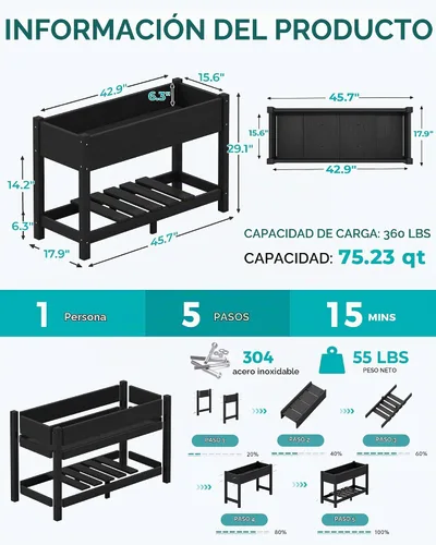 Vista 3 de SERWALL Cama de jardín elevada, negra, 43 x 17 x 30 pulgadas