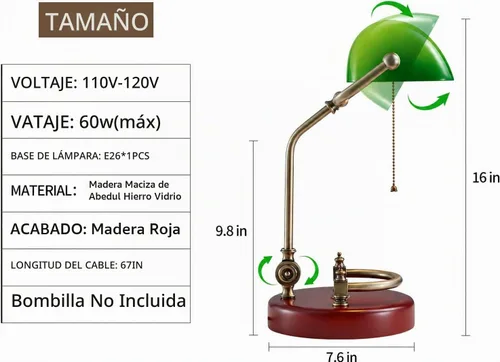 Vista 2 de Lámpara de Banquero, Lámpara de Escritorio Verde Tradicional con Base de Madera de Abedul Maciza, Lámpara de Biblioteca Antigua de Vidrio Verde