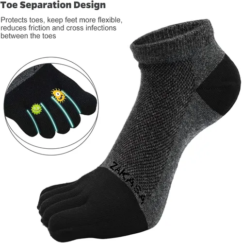Vista 2 de ZAKASA Mens Ankle Toe Socks Athletic Running Five Finger Cotton Crew Socks Breathable Mesh Top - Size 8-12 (5 Pairs)