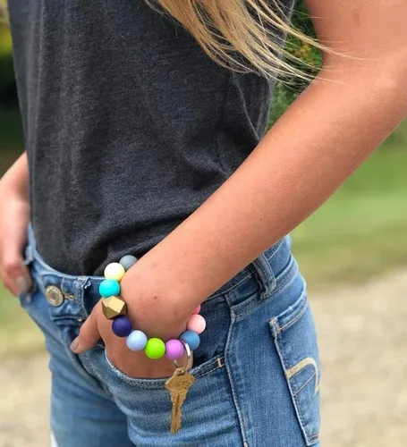 Vista 7 de Llavero de silicona, pulsera con cuentas, portátil, para llaves de la casa, del auto, con anillo
