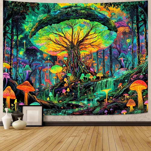 Vista 27 de Kanuyee Tapiz de luz negra de neón para colgar en la pared, bosque encantado, cascada, tapices para dormitorio, tapices UV, para colgar en la pared