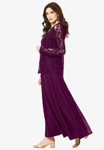 Vista 4 de Roaman's Vestido chaqueta de encaje con cuentas de talla grande para mujer