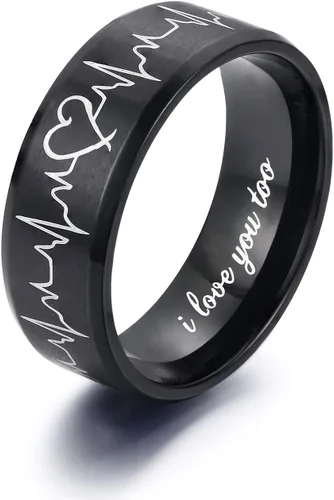 Vista 2 de Lavumo - Anillos de acero inoxidable a juego para promesa de boda de parejas, diseño con grabado de latidos del corazón y leyenda "I love you