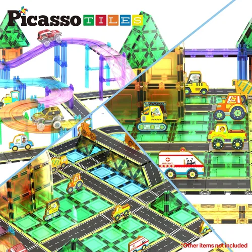 Vista 6 de PicassoTiles Azulejos Magnéticos de Construcción Pista de Autos Vehículo Magnético Tema de Aventura Calle Impresa Carretera Pista Autopista Bloque