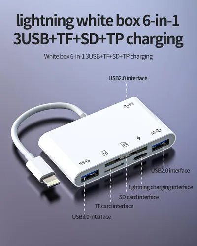Vista 2 de Adaptador de cargador de lector de tarjetas micro SD Lightning a USB 6 en 1 para iPhone 13 14 Pro Max para iPad Dongle para Apple MFI certificado