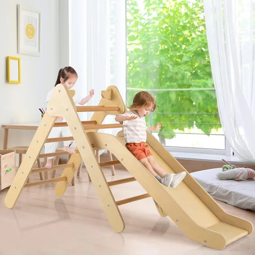 Vista 8 de HONEY JOY Escaladora triangular con rampa, escalera triangular para niños para guardería, gimnasio y parque infantil, juguetes de escalada Natural