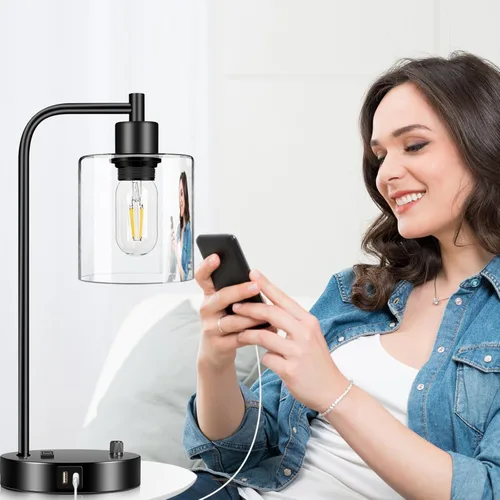 Vista 9 de Lámpara de mesa industrial con puertos USB A+C y toma de corriente, lámpara de mesita de noche moderna totalmente regulable, lámpara de escritorio