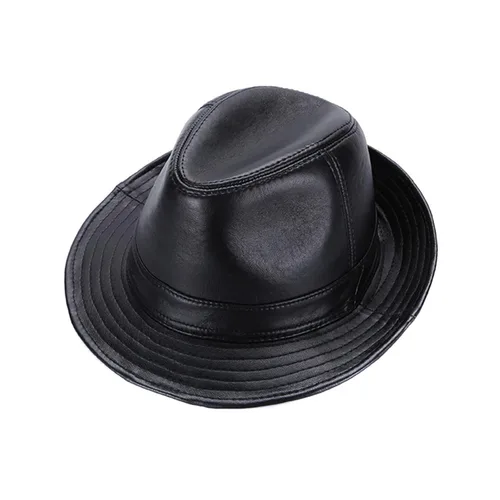 Vista 2 de Sombrero de cuero negro para hombre, sombrero de cuero de oveja vintage, sombrero clásico de cuero de Fedora de caballero para hombre, sombrero