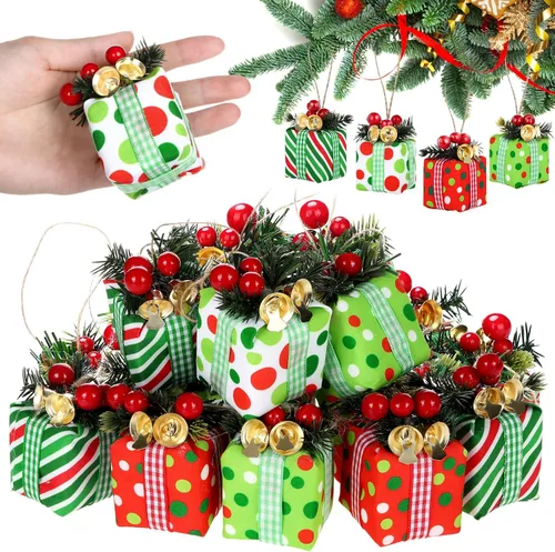 Vista 8 de Panelee 12 Piezas Cajas de Regalo de Árbol de Navidad Adornos Mini Adornos Rojos y Verdes Paquetes Envueltos de Navidad con Campana Bayas Rojas