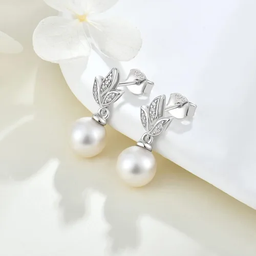 Vista 4 de Pendientes de perlas de plata de ley 925 para mujer, pendientes colgantes con joyas