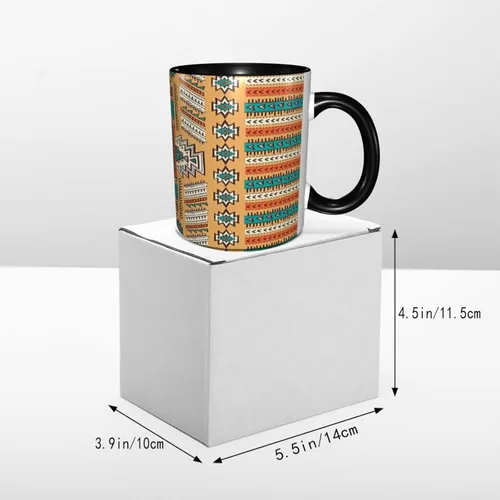 Vista 6 de Taza de café grande de cerámica, taza única tribal, patrón de tribu secreta azteca india, bohemio, 11 onzas, para oficina y hogar, naranja y verde