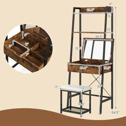 Vista 5 de CHARMAID Juego de escritorio de tocador de escalera – Mesa de tocador de maquillaje con espejo abatible, taburete acolchado, 4 compartimentos