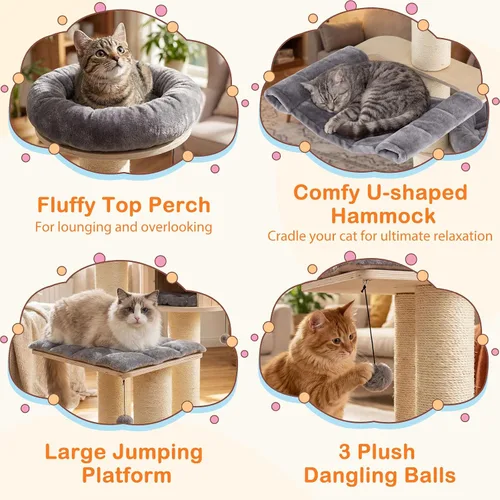 Vista 5 de Tangkula Árbol moderno para gatos, torre grande de varios niveles con condominio, hamacas y cesta colgante, árbol alto para gatos con postes