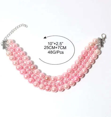 Vista 2 de Fancy Collar de 3 filas de diamantes rosa perla para mascotas, gatos, perros, perros, niñas, accesorios de disfraz (7.8-12.6 pulgadas)