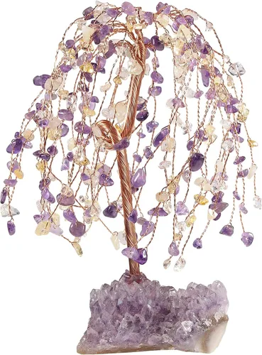 Vista 11 de Nupuyai Árbol de la riqueza de piedra de cristal de alambre de cobre con base de racimo de amatista, hecho a mano, bonsái para la buena suerte, Feng