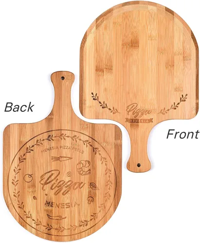 Vista 3 de Cáscara de pizza de bambú prémium de 12 pulgadas con mango Pala de pizza de madera, tabla de cortar para frutas, verduras, queso, pan