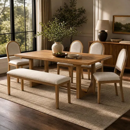 Vista 20 de Juego de mesa de barra de altura de madera para 6, mesa de comedor expandible con estantes de almacenamiento de 2 niveles, 4 sillas y banco, diseño