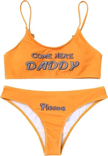 Vista 9 de Traje de baño de 2 piezas con estampado "Come Here Daddy Please Print", traje de baño con brasier acolchado, parte superior, bragas y tirantes Negro