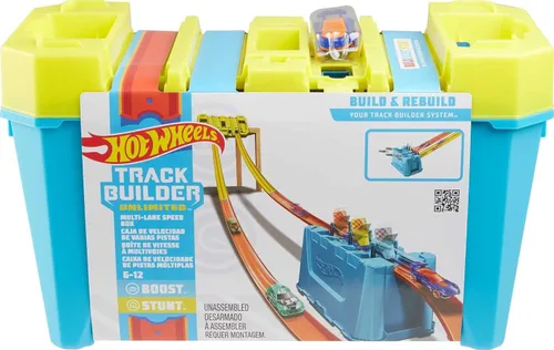 Vista 6 de Hot Wheels Juego de construcción de pistas de juguete para coche, caja de velocidad de varios carriles, 18 piezas de componentes con almacenamiento