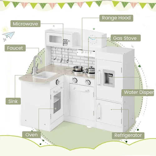 Vista 4 de Costzon Juego de cocina esquinera para niños, juego de cocina de madera 8 en 1 con microondas realista, horno, estufa, refrigerador, campana
