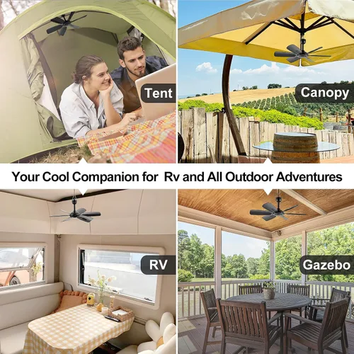 Vista 6 de Ventilador colgante pequeño USB portátil de 17.7 pulgadas con 6 cuchillas, uso en interiores y exteriores, para caravana, campamento y toldo, Negro