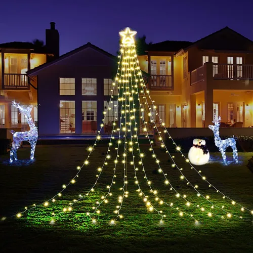 Vista 9 de BlcTec Luces de Navidad para exteriores, 317 luces LED de estrella de Navidad con 9 hebras de luces de árbol de cascada de 11.9 pies, 8 modos