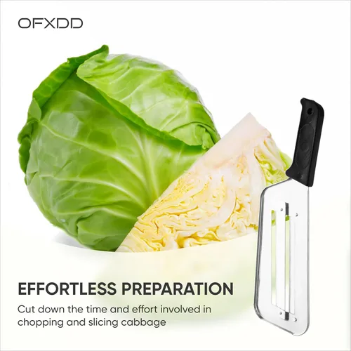 Vista 5 de Cuchillo de repollo de acero inoxidable para cortar y triturar, dos cuchillas afiladas, mango de plástico negro, ideal para chucrut y ensalada de col