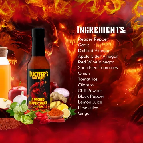 Vista 6 de Hellfire Lucifer's Last Blast A Wicked Carolina Reaper - Salsa gourmet, galardonada salsa, contiene 65% de puré de pimienta pura Carolina Reaper