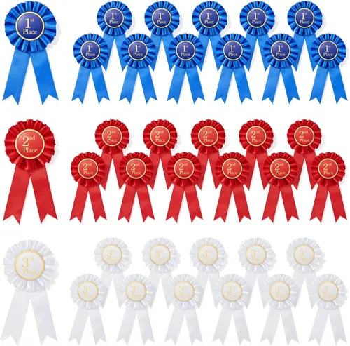 Vista 9 de MTLEE - Juego de 3 piezas de roseta de cinta de satén para participación, insignia de premios honoríficos, premios azules, rojos y blancos, medallas