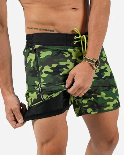 Vista 3 de Traje de baño tradicional de camuflaje verde militar, elástico en 4 direcciones, secado rápido, resistente al cloro, forro de compresión integrado