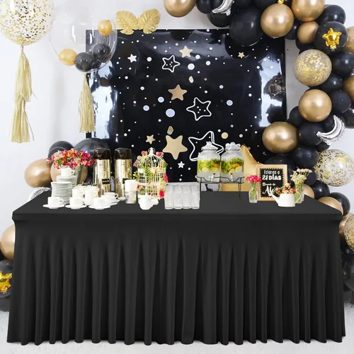 Vista 10 de Besutolife - Faldas de mesa de elastano negro para mesas rectangulares de 4 pies, diseño de una pieza, mantel para fiestas de cumpleaños, bodas