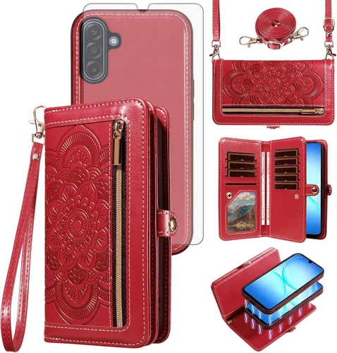 Vista 9 de Asuwish Funda de teléfono para Samsung Galaxy A17 5G con cremallera, funda de celular desmontable con protector de pantalla de vidrio templado Verde