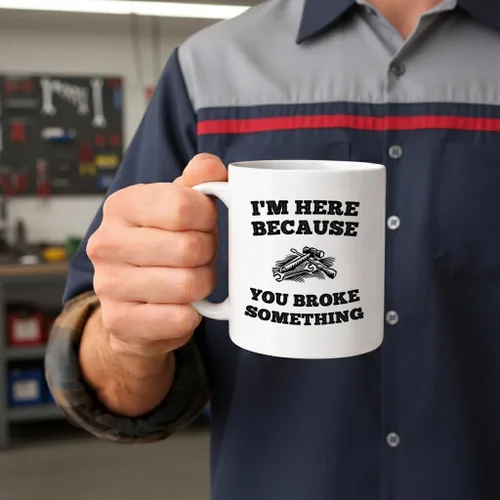 Vista 2 de Casitika Taza de café de 11 onzas con texto en inglés "I'm Here Because You Broke Something". Idea de regalo para personal de servicio o mecánico.