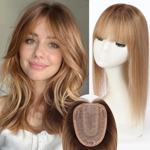 Vista 17 de HAIRCUBE Pelucas de cabello humano 100% con flequillo, densidad 150%, base de seda, clip en la parte superior, pelucas de cabello superior