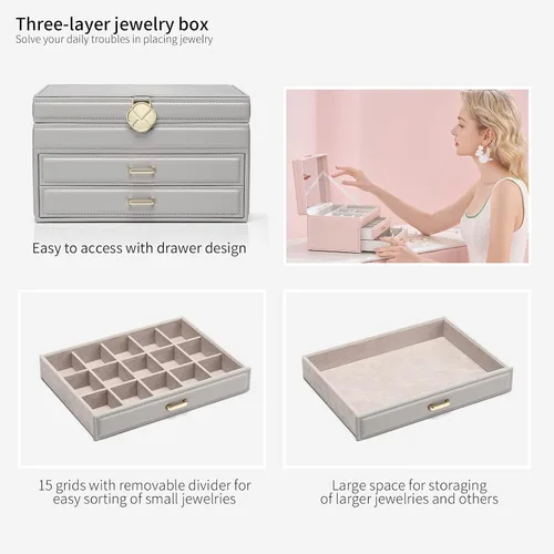 Vista 6 de Vlando Joyero para collares anillos aretes caja organizadora de joyas de espejo con cajones cajas grandes de joyería de 3 capas para mujeres y niñas