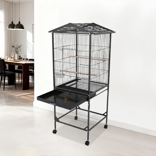 Vista 5 de Jaula grande para pájaros, jaulas movibles para pájaros con ruedas, 4 ventanas de alimentación, bandeja deslizante, aviario panorámico para pájaros
