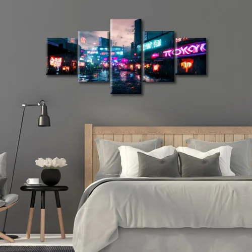 Vista 167 de Cuadros de 5 paneles de Cyberpunk City, arte de pared, representación de vallas publicitarias, edificios modernos en la capital con obras de arte