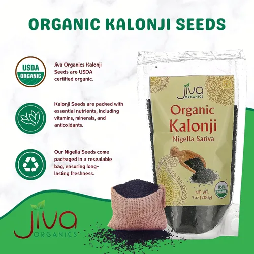 Vista 3 de Jiva, Kalonji orgánico USDA (semilla negra, neguilla, comino negro); 7 oz