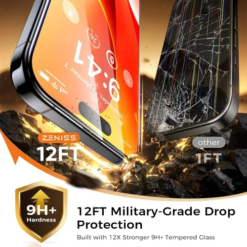 Vista 2 de Zeniss NeverBreak - Protector de pantalla de dureza 9H+ para iPhone 15, protección de grado militar de 12 pies