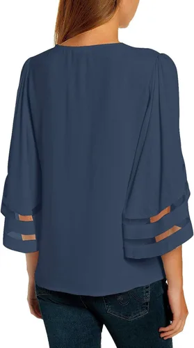 Vista 2 de LookbookStore - Blusa para mujer con paneles de malla, cuello en V, manga acampanada de 34 y corte holgado