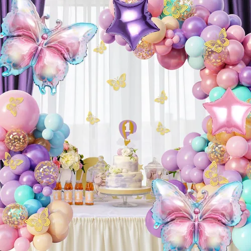 Vista 7 de Kit de guirnalda de arco de globos de mariposa rosa y morado de 163 piezas