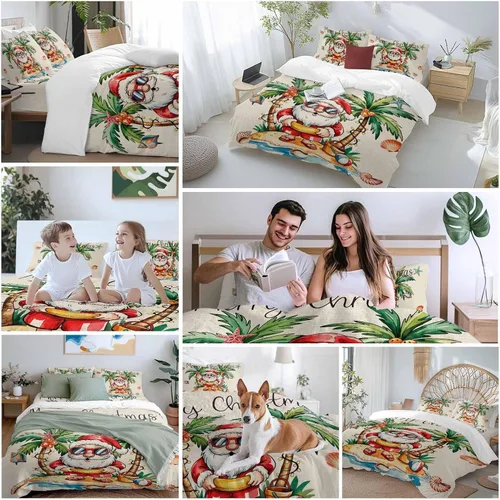 Vista 5 de Juego de funda de edredón de Papá Noel de Navidad, tamaño individual, edredón de microfibra suave, edredón de cama con estampado + funda con sábana