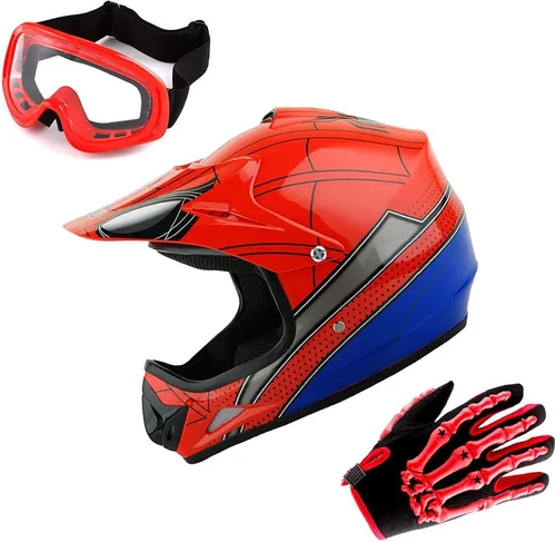 Vista 13 de WOW Casco de motocross juvenil MX BMX, casco de bicicleta negro araña + gafas + guante negro esqueleto K-Negro mate