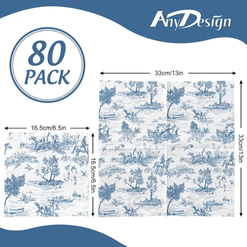 Vista 2 de AnyDesign 80 servilletas de papel azul y blanco clásicas con estampado de pueblo francés, servilletas desechables rústicas decorativas para cena