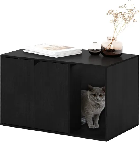 Vista 19 de Caja de arena Furinno Peli, Pequeña, Americano Entrada lateral, muebles ocultos, casa de madera para mascotas con puertas, fácil montaje